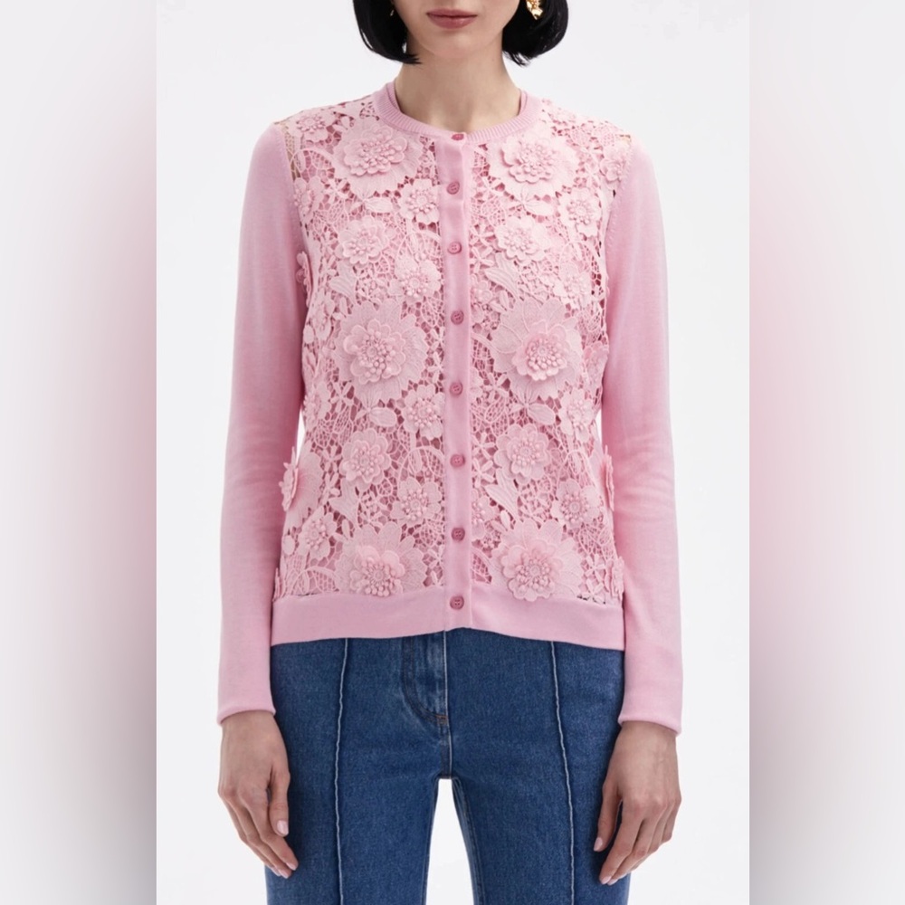 Oscar de la Renta Floral Guipure Lace Panel Silk Blend Cardigan